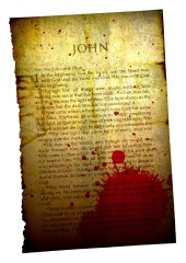 A bloodstained page of the Bible, John chapter 1