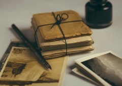 old letters, a pen, an ink pot and old photographs